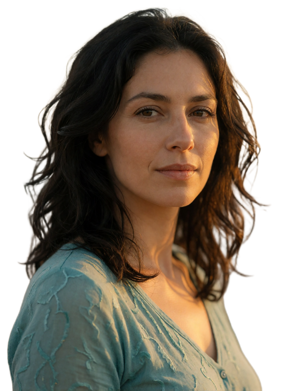 Cypriot woman in a turquoise top with dark wavy hair, cropped at mid-torso with a calm friendly expression