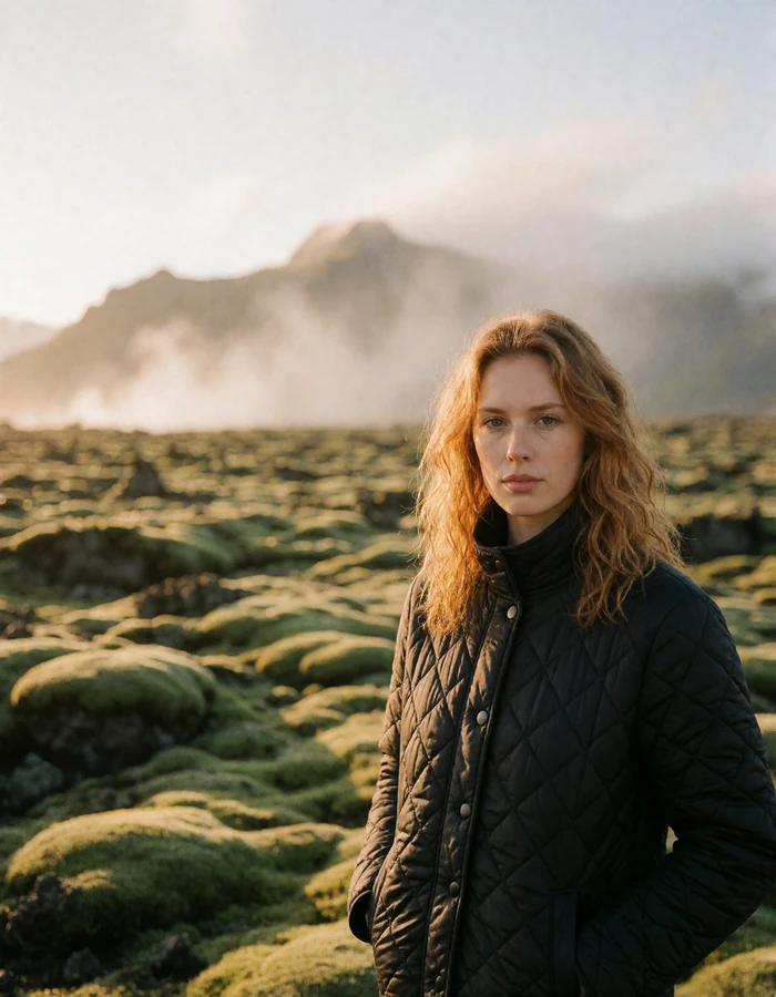 Icelandic woman with wavy copper-blonde hair in a black coat standing before a moss-covered lava plain