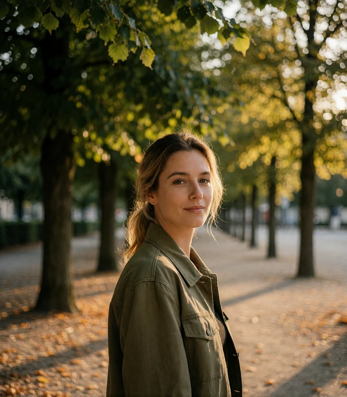 German woman in an olive jacket standing in a city park with linden trees softly blurred behind her