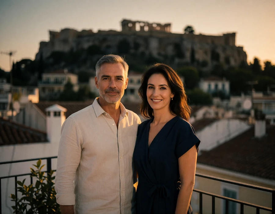 Couple in their forties standing together on an Athens rooftop terrace at dusk with the lit Acropolis softly visible behind them