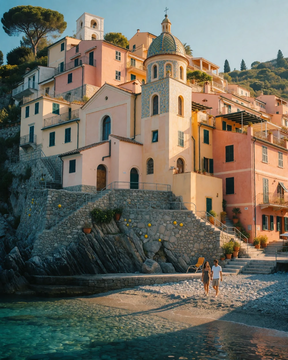 Pastel cliffside Italian village on the Amalfi Coast with a couple walking along the pebble shoreline