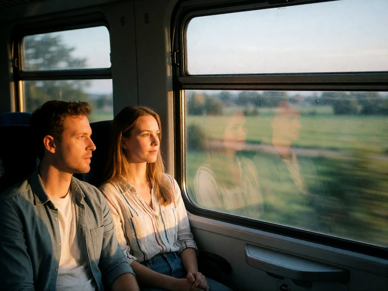 Couple sitting beside a train window watching the countryside pass in warm afternoon light