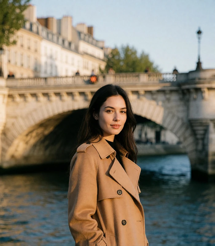 French woman in a camel trench coat on a Seine riverside walk at dusk