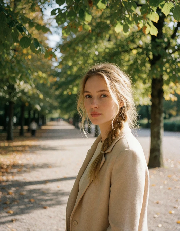 Swedish woman with loosely braided blonde hair in a beige coat walking through a leafy Stockholm park