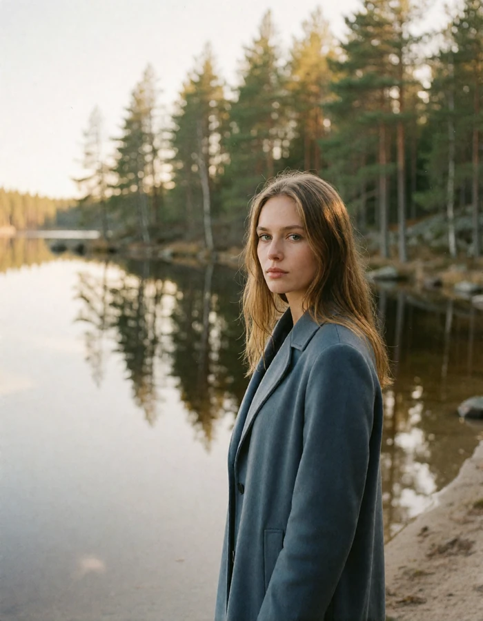 Finnish woman with long light-brown hair and a slate-blue coat standing at the edge of a still forest lake