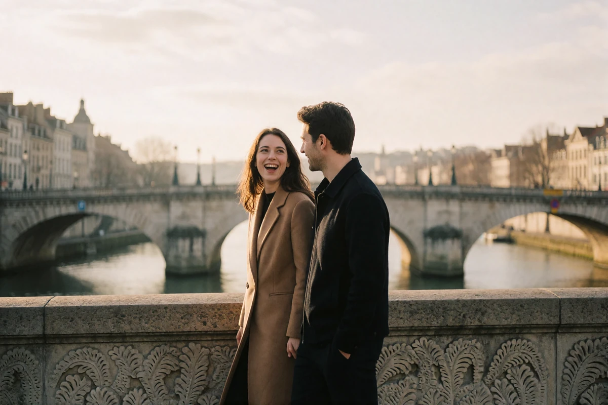 Couple in their thirties walking together along a European riverside bridge in warm late-afternoon light