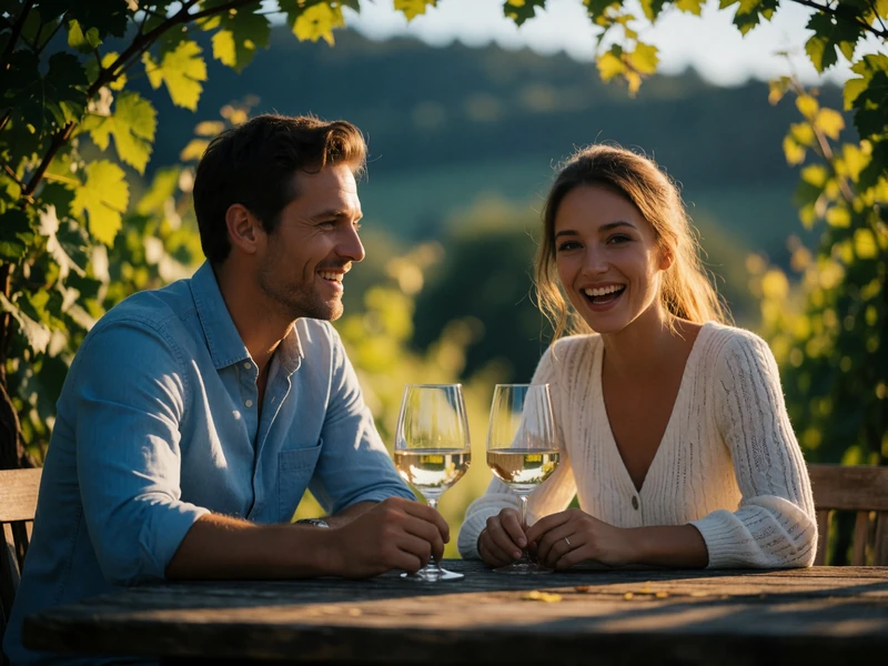 Couple laughing together at a rustic wooden table in an Austrian wine garden with vine leaves and green hills blurred behind them