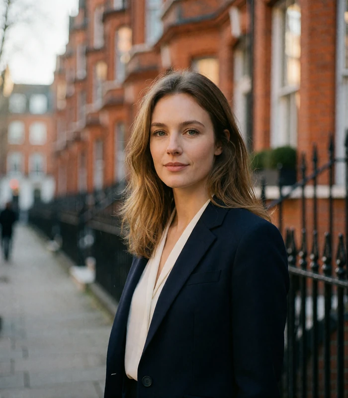 British woman in a navy blazer smiling on a defocused London street of red brick townhouses