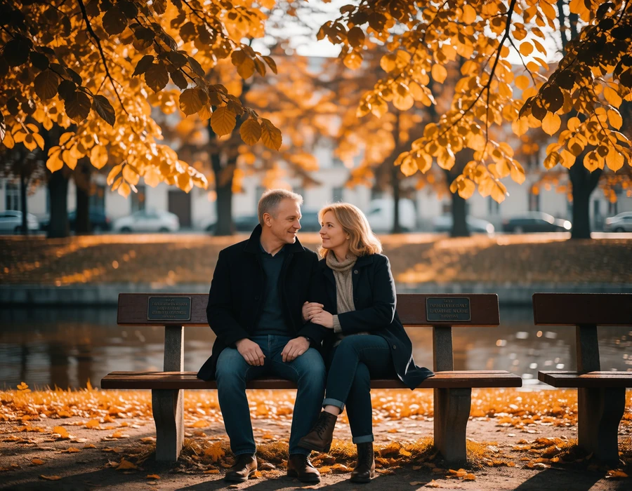 Couple in their forties sitting close together on a park bench under amber autumn foliage in Riga