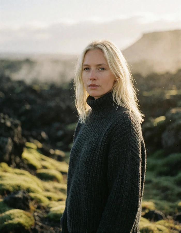 Icelandic woman with pale strawberry-blonde hair and a charcoal knit sweater standing in a volcanic landscape