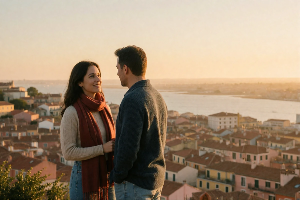 Couple in their late thirties standing at a hilltop viewpoint above terracotta rooftops and a hazy river estuary