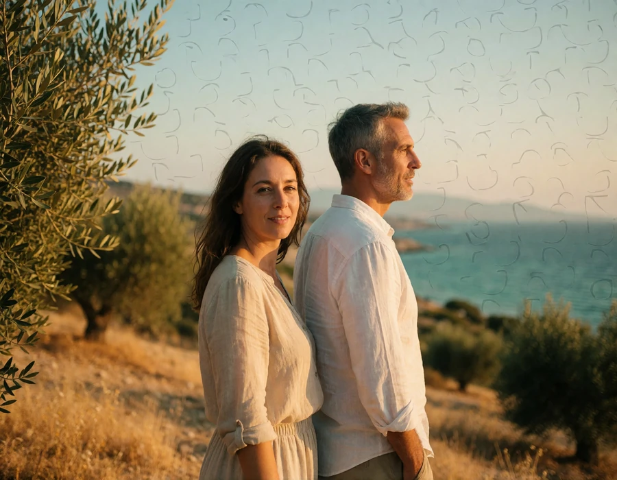 Couple in their forties standing at a hillside viewpoint above the Cypriot coast surrounded by golden scrub and olive trees
