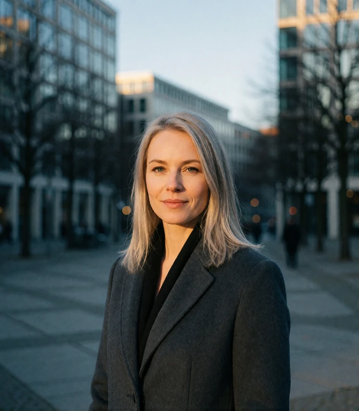German woman with ash-blonde hair standing before a softly blurred Berlin square with modern architecture