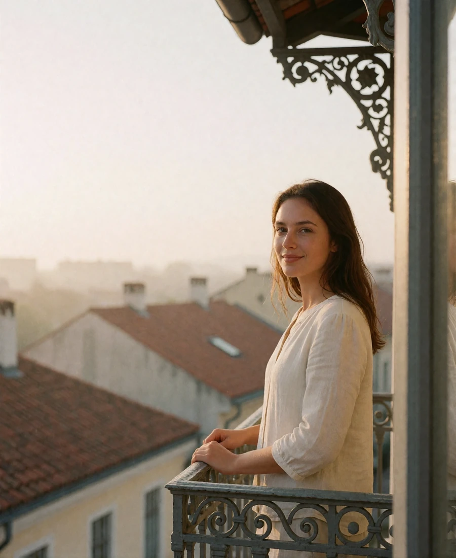 Woman standing on a small wrought-iron hotel balcony overlooking rooftops the morning after arriving in Europe