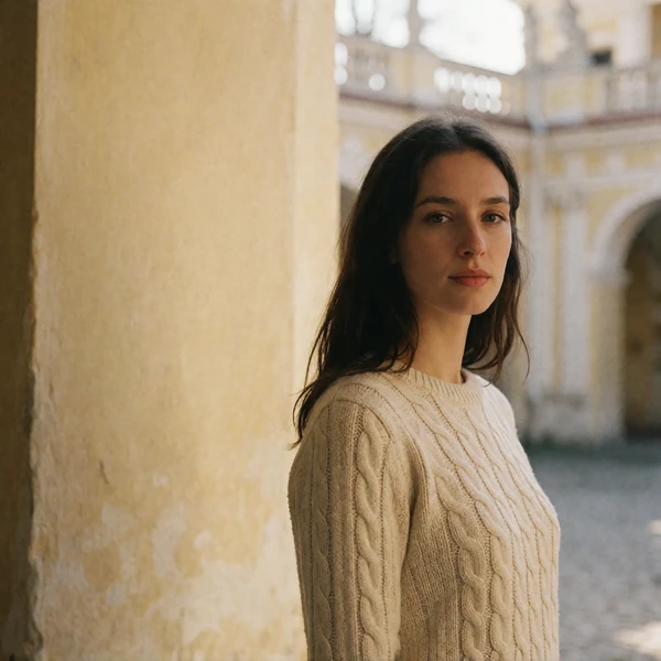 Lithuanian woman with long dark brown hair and a cream sweater in a sunlit baroque courtyard in Vilnius