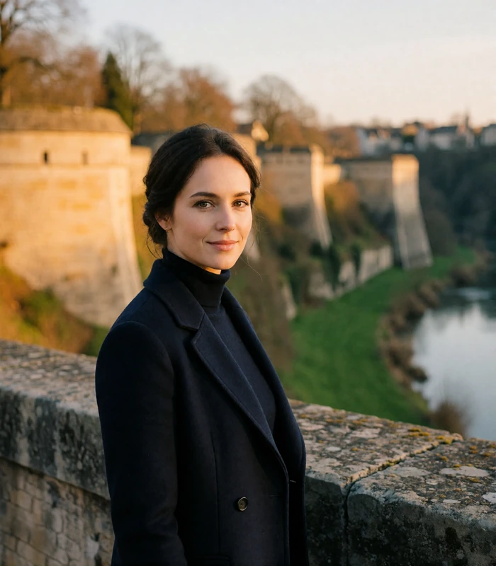 Luxembourgish woman with dark hair in a low bun and a navy coat on a stone terrace above a green river valley
