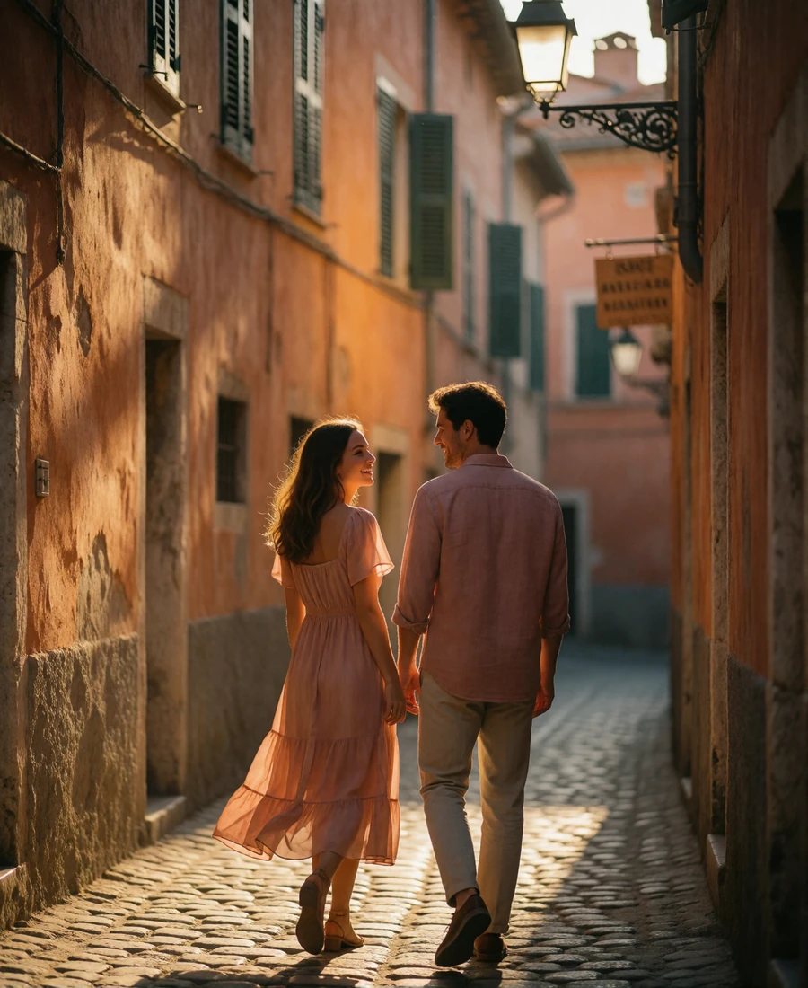 Couple laughing together while walking down a narrow cobbled old-town lane at dusk
