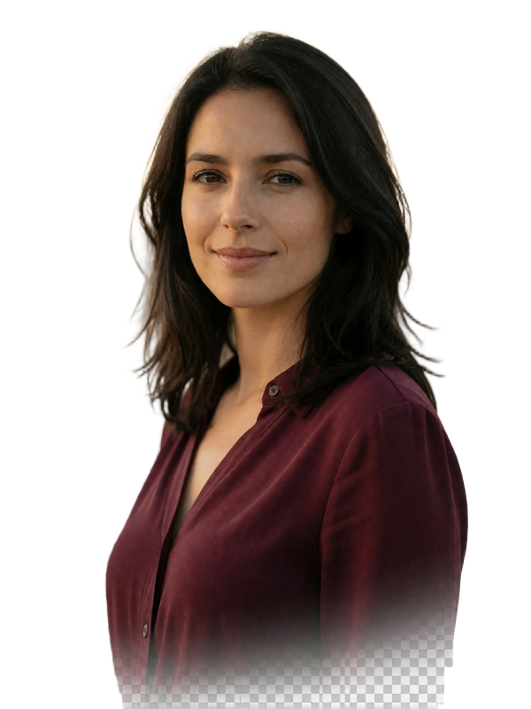 Spanish woman in a burgundy blouse smiling gently in a portrait cut from a plain background