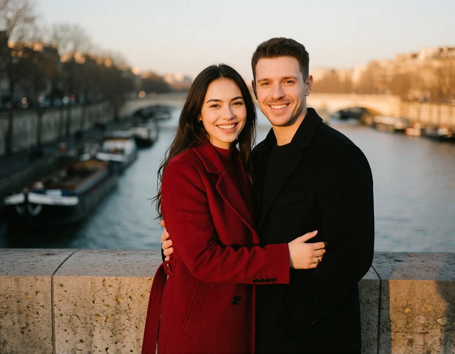 Couple in their thirties smiling on a stone Seine bridge with moored barges and pale limestone quays glowing in evening light behind them