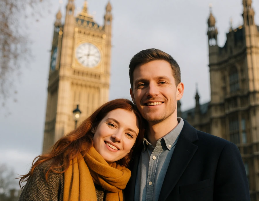 Smiling couple standing close together on a Westminster street with the pale stone clock tower blurred behind them