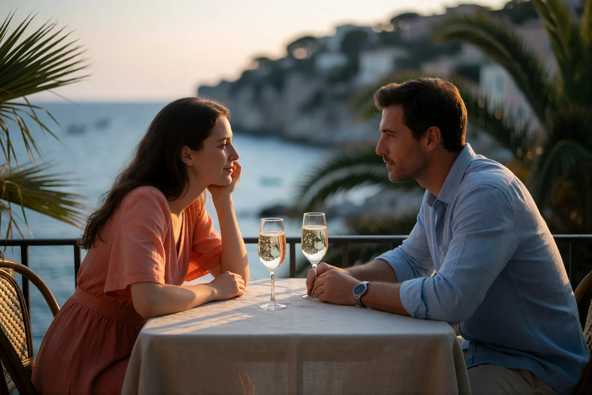 Couple in their thirties at a linen-covered table on a Riviera terrace at sunset, the sea and palm fronds softly blurred behind them