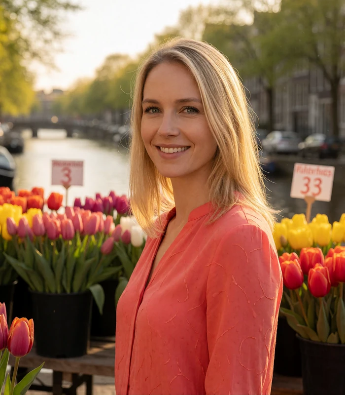 Dutch woman with straight blonde hair and a coral blouse smiling at an open-air flower market