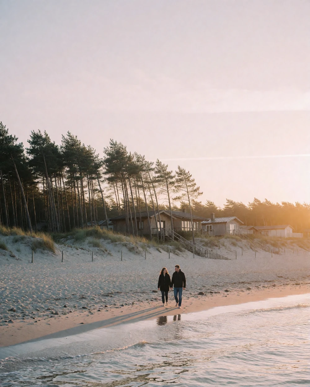 Couple walking barefoot along a pale sand Baltic beach lined with tall pines at dusk