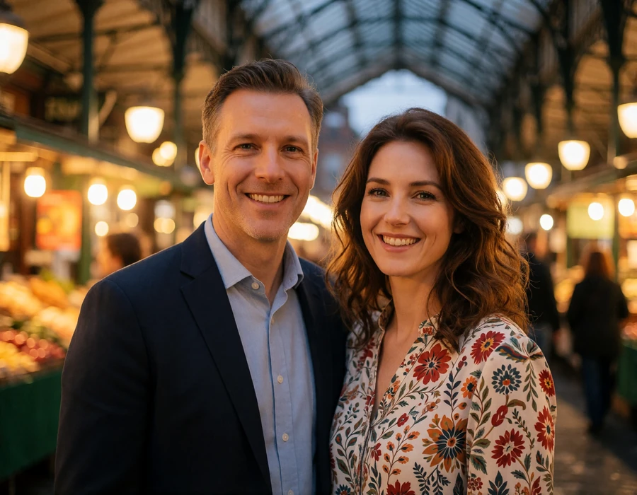 Cheerful couple in their late thirties on a lively London market street at dusk with warm shopfront lights behind them