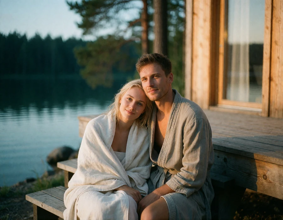 Couple in their thirties sitting wrapped in towels on a lakeside cabin porch at golden hour in Finland