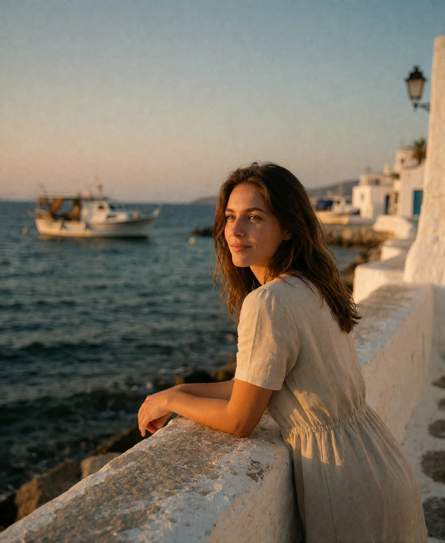 Woman leaning on a whitewashed wall along a Greek seaside promenade at sunset, smiling toward the camera