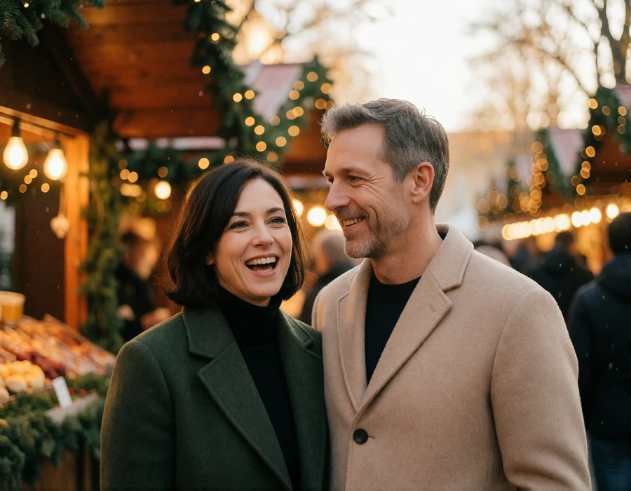Couple in their forties laughing together at an open-air Munich market surrounded by wooden stalls and warm string lights