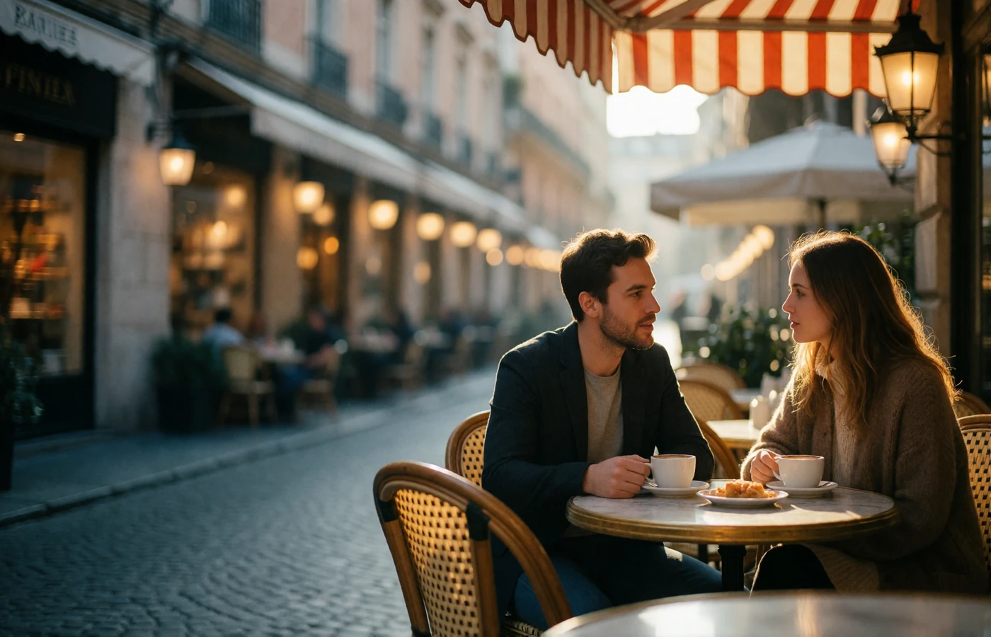 Couple talking over coffee at a European cafe table