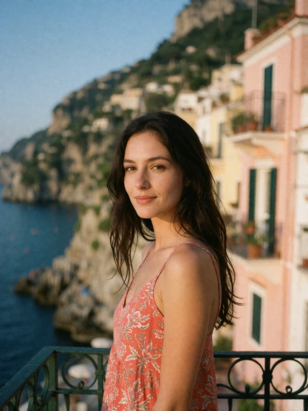 Italian woman with long dark hair on a coastal terrace along the Amalfi shoreline with pastel cliffside houses behind her