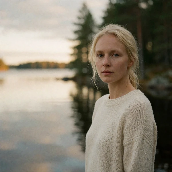 Finnish woman with pale blonde hair in a cream knit sweater standing before a calm Finnish lake edge