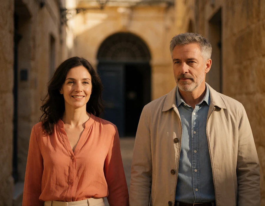 Couple in their forties walking through a narrow honey-coloured limestone street in a fortified Maltese old town