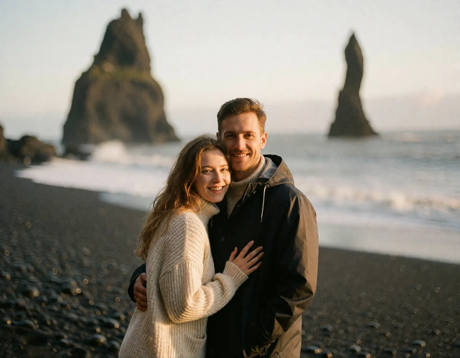 Couple standing close together on a black sand beach with basalt sea stacks blurred in the background