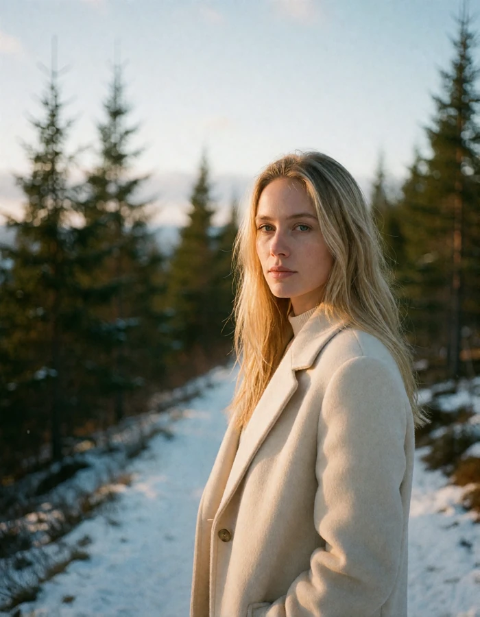 Norwegian woman with long blonde hair in a cream wool coat on a snow-dusted mountain path above Oslo
