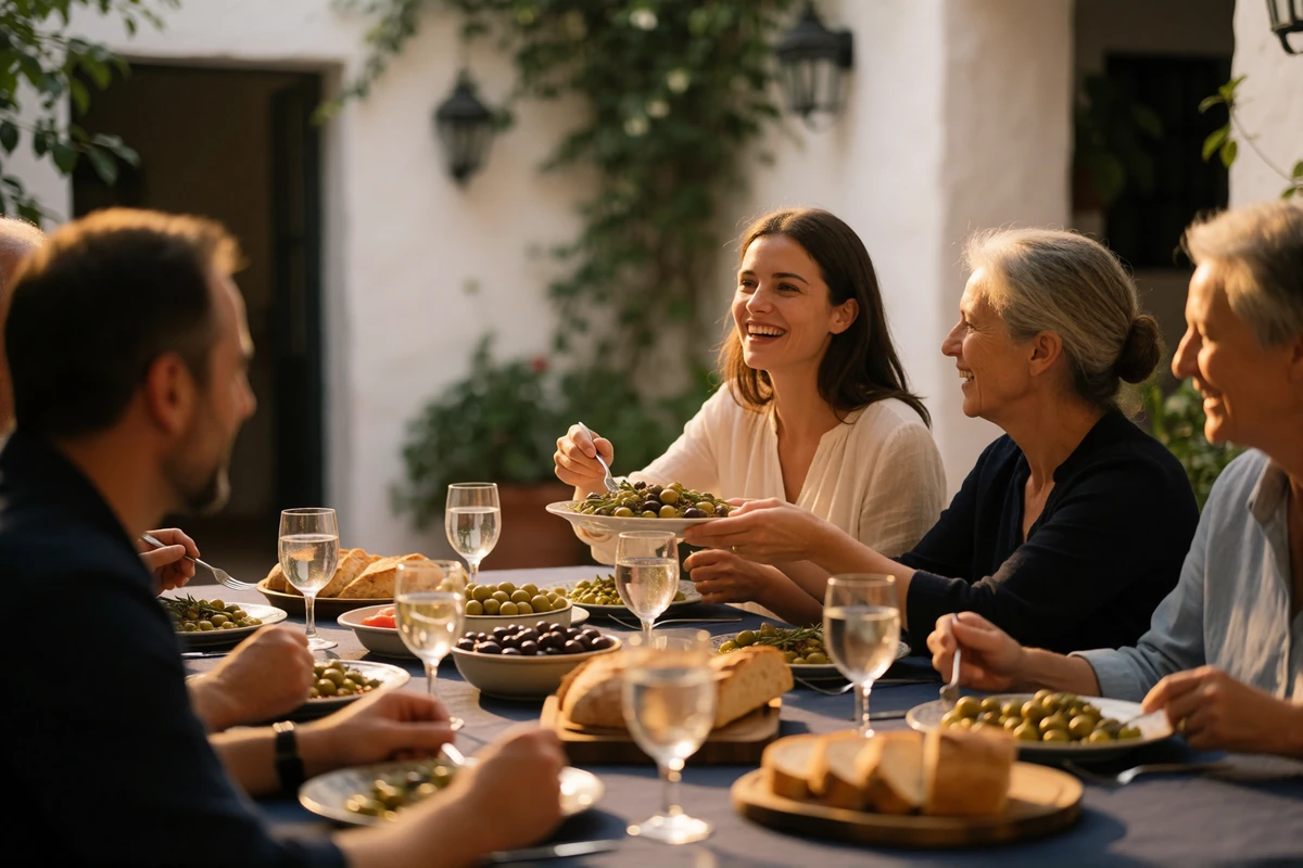 Multi-generational Spanish family sharing a long outdoor lunch on a shaded courtyard terrace with olives, bread and glasses of water on the table