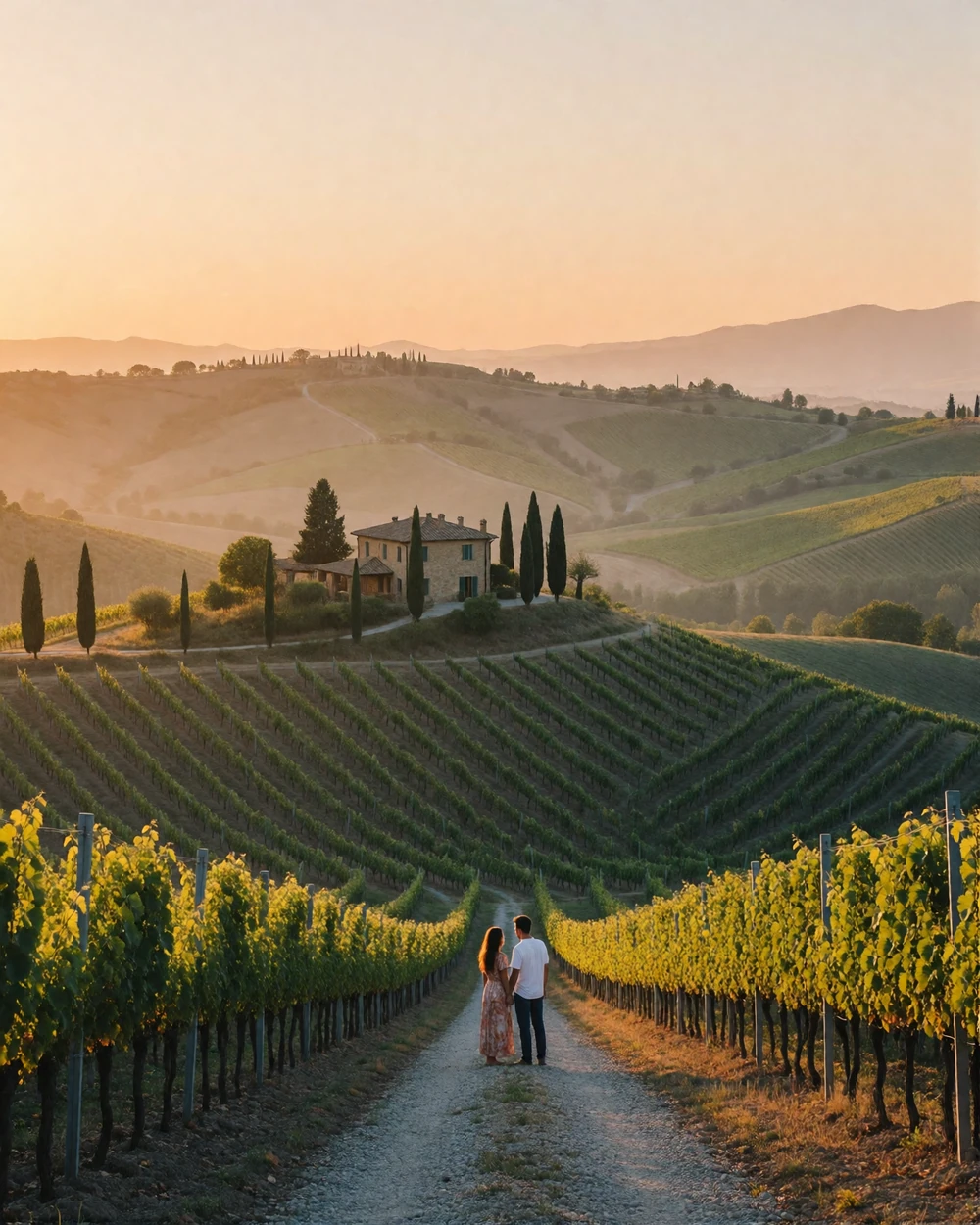 Couple standing on a gravel track between Tuscan vineyard rows overlooking rolling hills