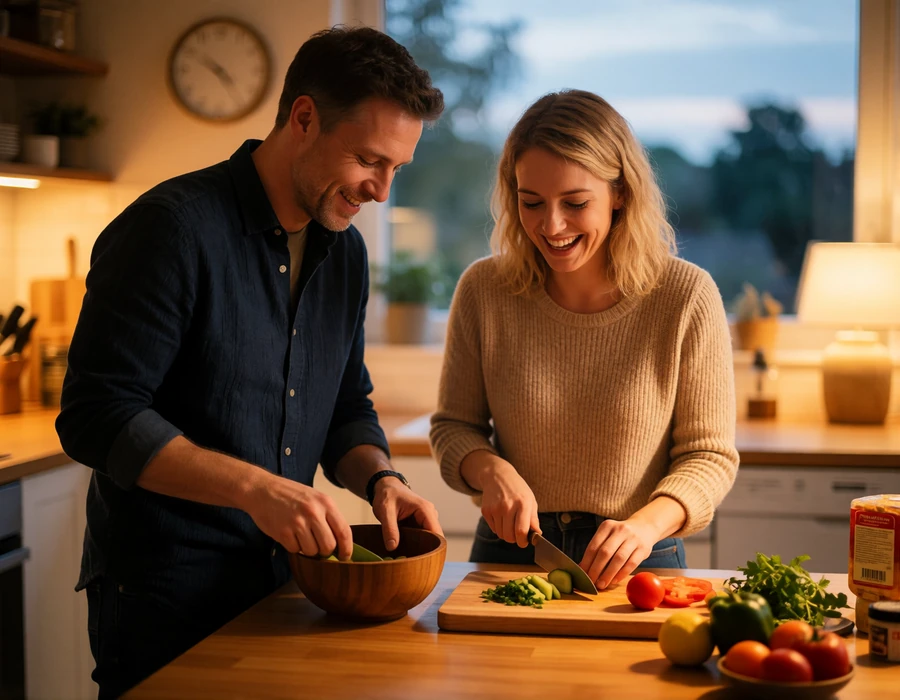 Couple in their forties cooking together in a bright modern kitchen, the woman laughing while slicing vegetables and the man leaning in with a wooden bowl