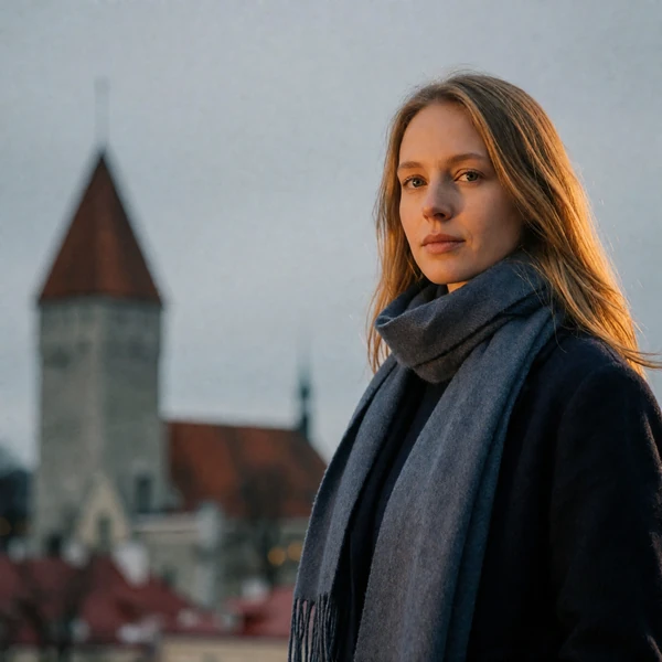 Estonian woman with straight blonde hair and a slate scarf standing before the medieval towers of Tallinn old town