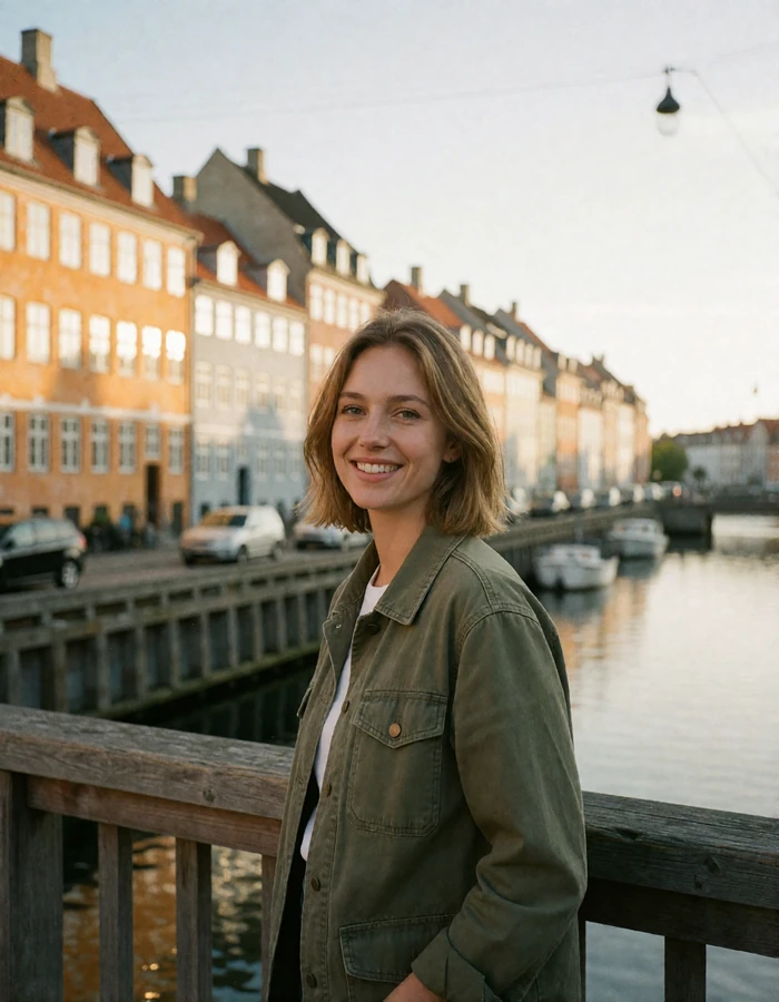 Danish woman with a dark-blonde bob smiling beside a wooden canal bridge in Copenhagen