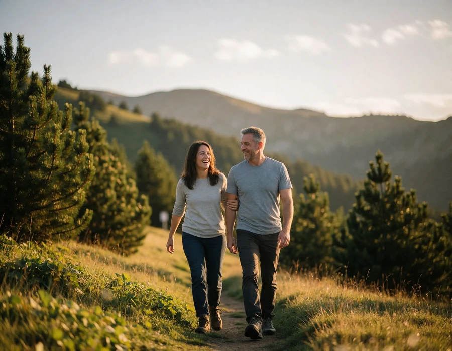 Couple in their forties walking side by side on a grassy alpine trail in the Pyrenees with green ridges behind them