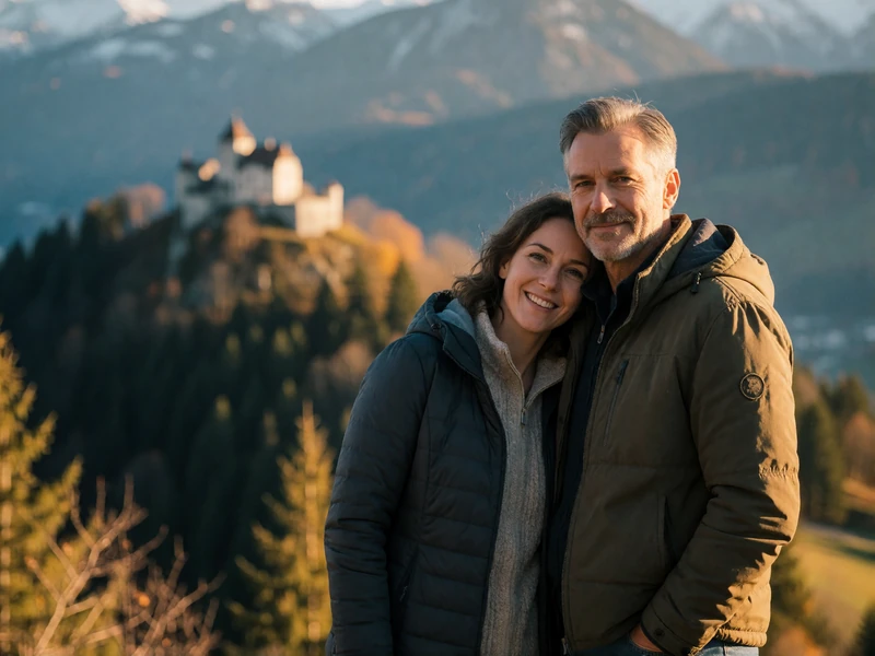 Couple in their forties standing at a mountain viewpoint above an Alpine valley with a hilltop castle and forested ridge softly blurred behind them
