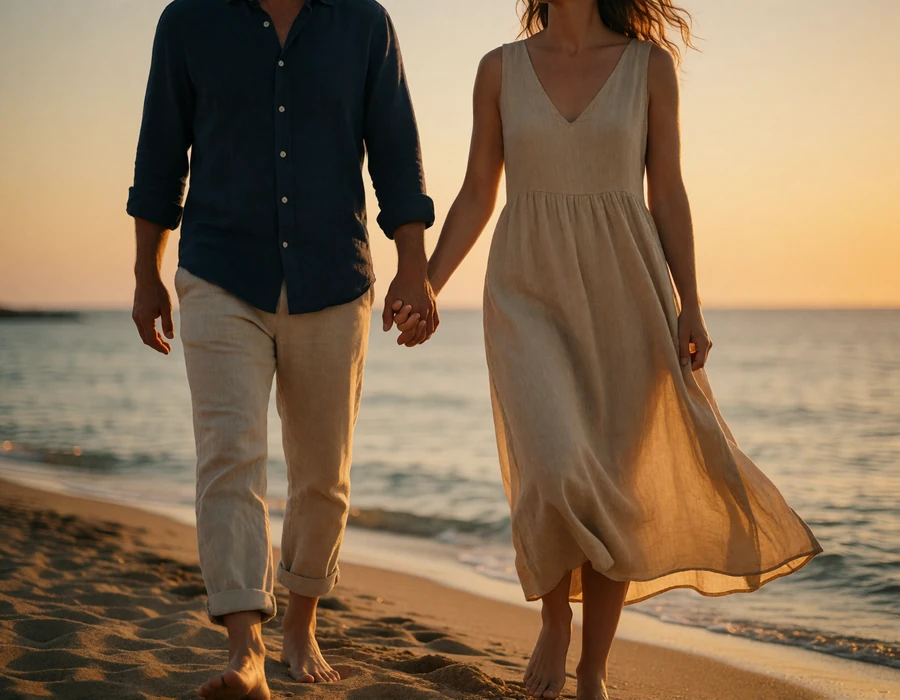 Relaxed couple in their forties walking barefoot along a Mediterranean shoreline at sunset holding hands