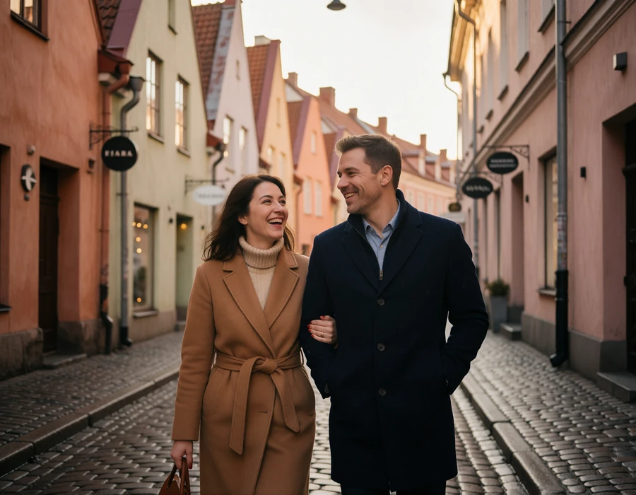 Couple in their forties walking arm in arm along a cobbled street of Riga old town, the woman laughing toward her partner