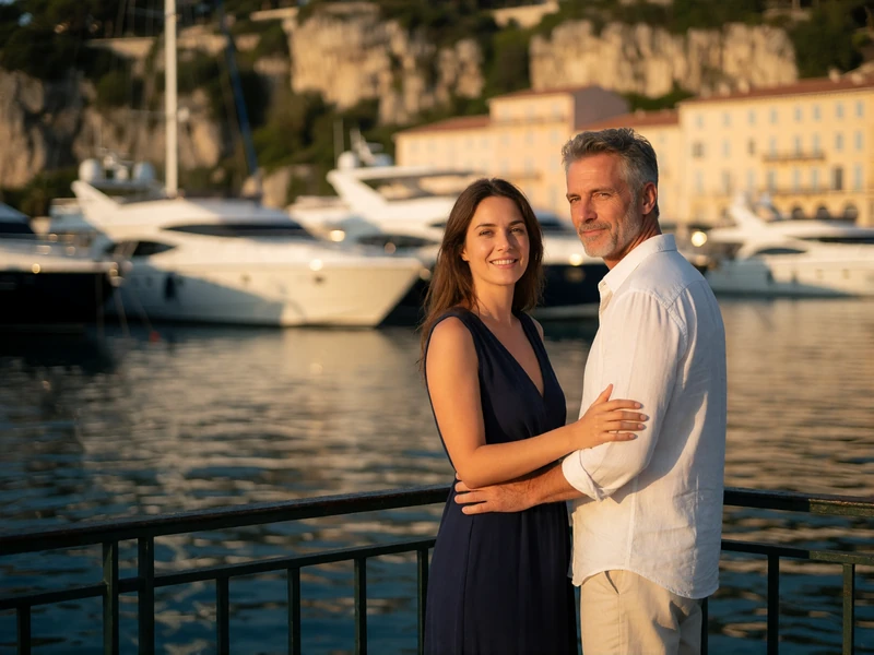 Couple in their forties at a harbour railing on the French Riviera in golden-hour light, moored yachts softly blurred behind them