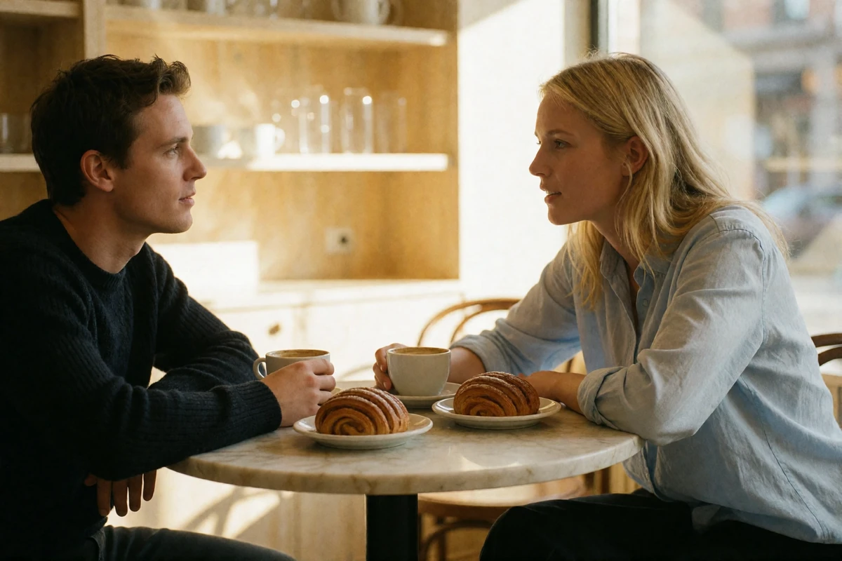 Woman in a pale blue shirt leaning forward mid-conversation over coffee and cinnamon buns with a companion in a bright Stockholm café