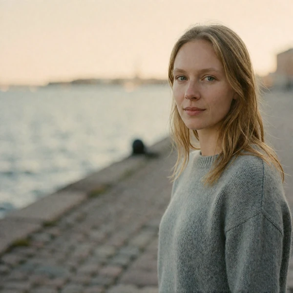 Finnish woman with fine light-blonde hair and a grey knit sweater beside the quiet water of Helsinki harbour