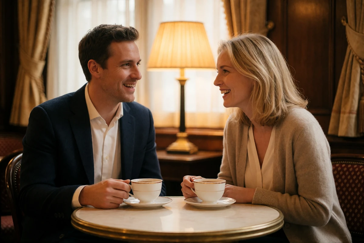 Couple in their thirties laughing over porcelain teacups in a warmly lit London tea room during a relaxed first date
